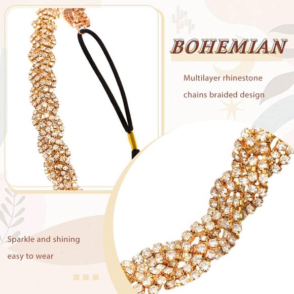 Gold Elastic Rhinestone headbands Sparkly Crystal Headpiece Hair Accessories - Picture 7 of 8